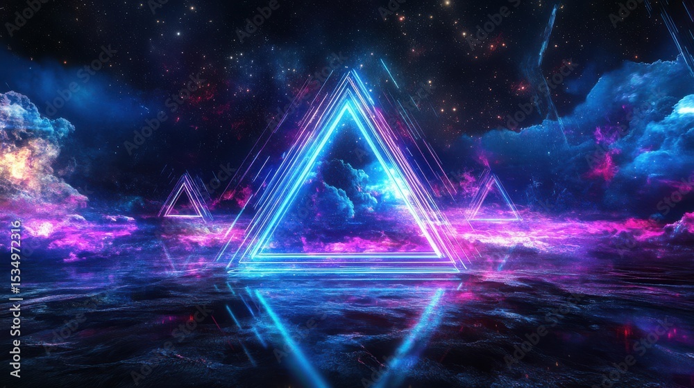 Poster abstract geometric shapes with neon lights in space environment