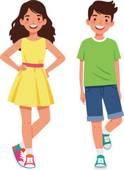 Happy smiling boy and girl standing in casual clothing vector illustration with cheerful expressions 