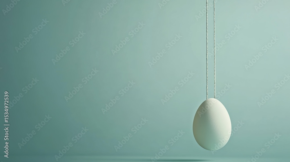 Poster single egg hanging from string in minimalist indoor studio