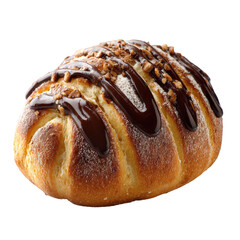 Delicious chocolate drizzled bread roll with nuts on top. transparent background