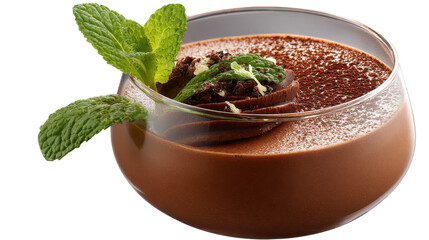 Delicious chocolate dessert garnished with mint leaves. transparent background