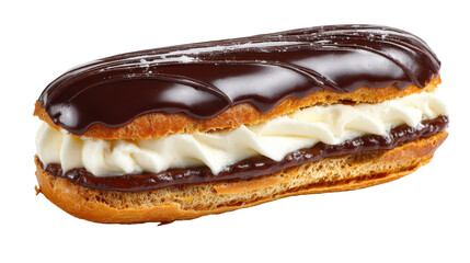 Delicious chocolate eclair filled with creamy filling. transparent background