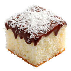 Delicious chocolate-covered coconut cake slice with white sprinkles. transparent background