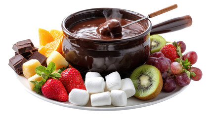 Delicious chocolate fondue served with fresh fruits and treats. transparent background