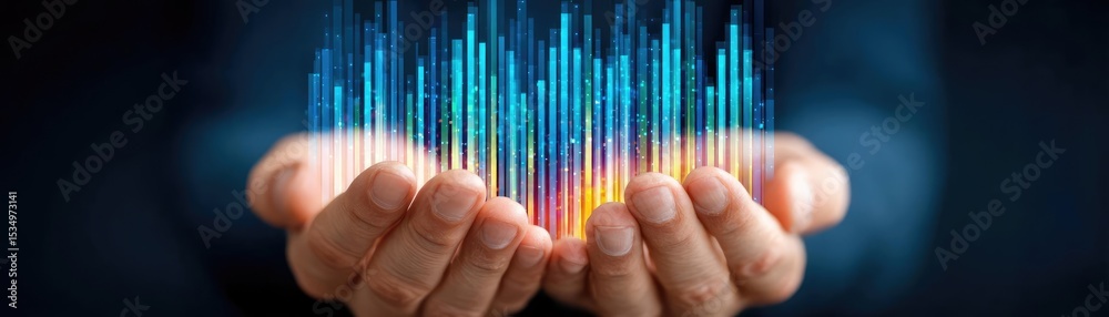 Poster Consumer optimism and investment support level concept. Hands holding digital data representing innovation and technology.