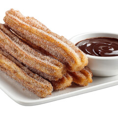 Delicious churros served with rich chocolate dipping sauce. transparent background