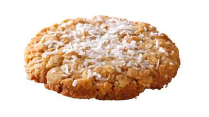 Delicious coconut cookie with a golden brown crust and sweet topping. transparent background
