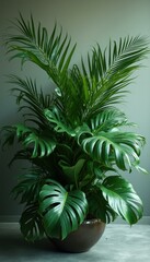 Obraz premium Potted Monstera and Palm plant growing indoors by wall