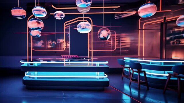 Modern Japanese sushi bar with vibrant neon lighting creates an inviting atmosphere for diners in the evening, showcasing a stylish interior design that enhances the sushi experience