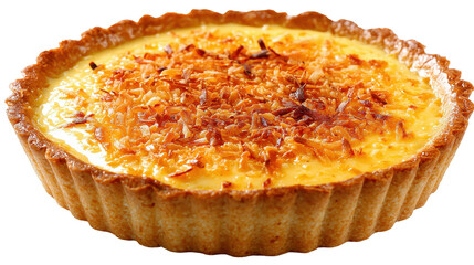 Delicious coconut cream tart with a golden toasted topping. transparent background