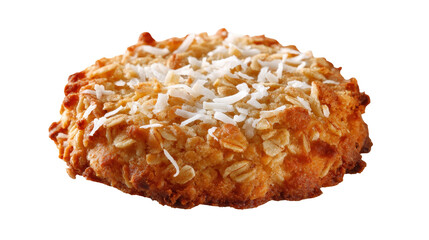 Delicious coconut oat cookie with a golden brown crust. transparent background
