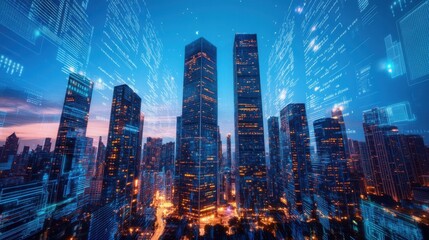 Fototapeta premium Futuristic city skyline with digital data streams at night