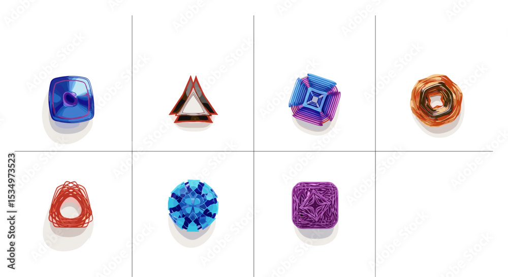 Poster collection of eight uniquely designed objects arranged in a grid pattern on a white background view 