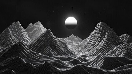 Abstract grayscale mountain range landscape with a moon.
