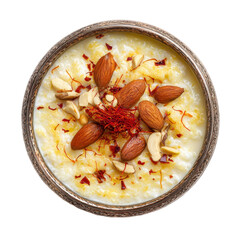 Delicious creamy dessert topped with nuts and saffron strands. transparent background