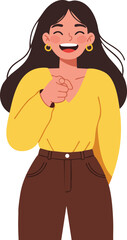 Fototapeta premium Woman in yellow blouse laughing and pointing forward with brown pants casual style vector illustration 
