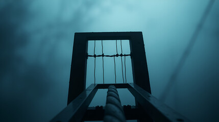 Horror view of Guillotine. Close-up of a guillotine on a dark foggy background.