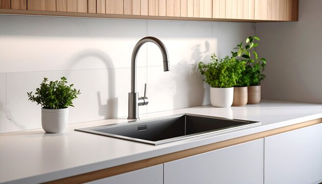 Modern kitchen sink with plants