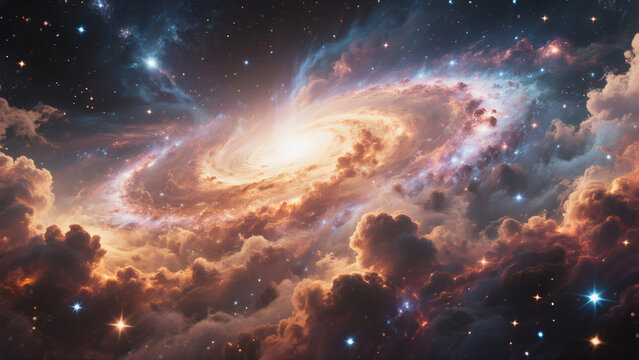 Ultra realistic CG render of a spiral galaxy with glowing nebula clouds, stars, deep space colors, cinematic style, no text, high detail - Powered by Adobe