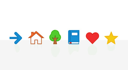 Illustration of a blue arrow, house outline, tree, book, red heart, and yellow star on a white background