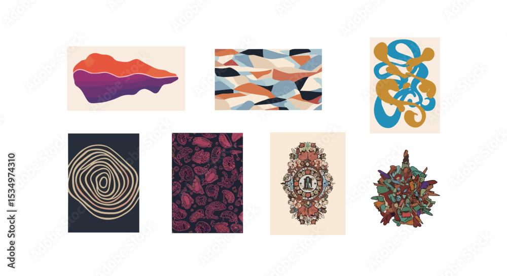 Fototapete A collection of diverse artistic renderings including abstract shapes patterns and detailed illustrations displayed