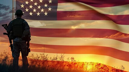 Soldier standing silhouetted against a vibrant sunrise with the USA flag waving gently in the background, symbolizing freedom and hope in a serene landscape - Powered by Adobe
