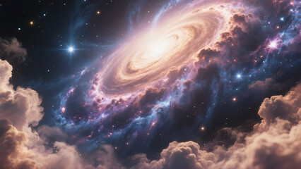 Ultra realistic CG render of a spiral galaxy with glowing nebula clouds, stars, deep space colors, cinematic style, no text, high detail