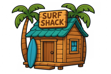 Weathered wooden surf shack leaning surfboard, surrounding palm trees, hand-drawn graphic with surf shack sign against transparent backdrop