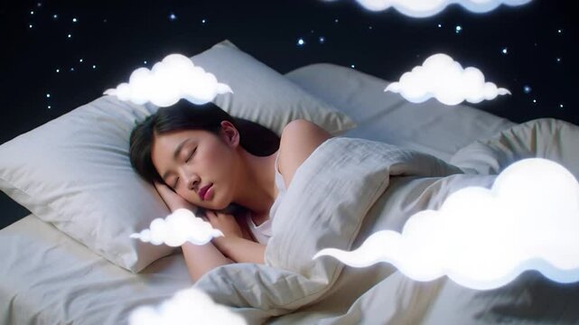 Woman sleeping peacefully in bed, with graphic clouds and stars