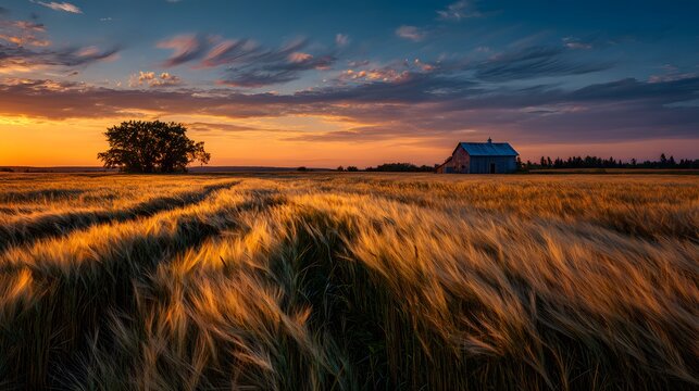 Golden nature landscape of wheat field rippling wind under late summer sky lone barn distance presented wide human eye view a golden hour custom background 