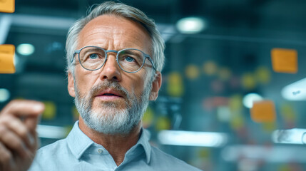Decision Making & Problem Solving: Senior businessman in glasses analyzes data, writing on clear board in modern office with blurred background and sticky notes.