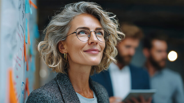 A professional woman with glasses engages in a strategic discussion with colleagues in a modern office setting.