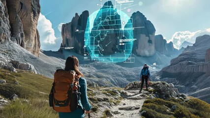 Guided hiking experience using augmented reality navigation technology in a stunning mountain landscape during a sunny day - Powered by Adobe