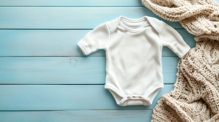 White baby bodysuit and beige knitted blanket on light blue wooden background.