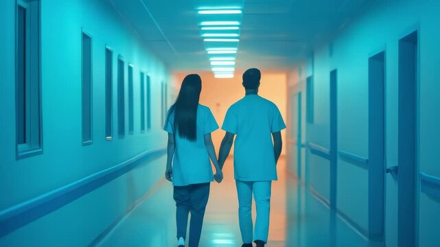 Healthcare Professionals Walking Together in Hospital Corridor