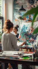 Passionate Artist Painting Vibrant Abstract Masterpiece in Creative Studio