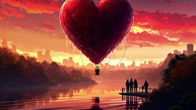 A couple enjoys a romantic sunset by the lake while a heart-shaped hot air balloon floats above them, creating an enchanting atmosphere in the serene landscape