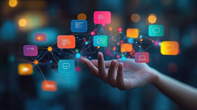 Hand interacting with network of colorful speech bubbles symbolizing communication, digital connection, and social media  