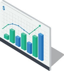 Financial growth chart with green and blue bar graphs and upward trend arrow in isometric style vector illustration 
