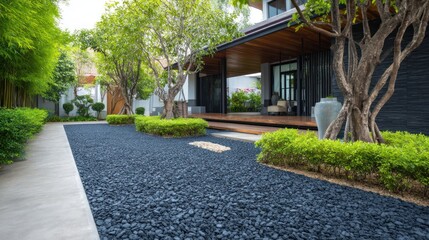 Black gravel landscaping near modern house