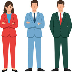 Business professionals standing confidently in formal suits with arms crossed and serious expressions vector illustration 