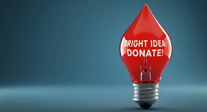 Red dropshaped lightbulb displays Bright Idea Donate on a blue gradient background