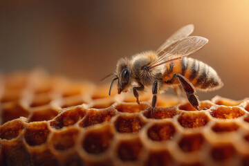 "Close-up of a honeybee on a honeycomb, Ai image generated