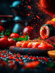 Close-up of sushi rolls with vibrant red fish, sprinkled with red spices and garnished with fresh greens on a dark surface.