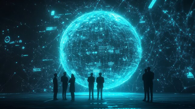 Silhouetted figures observing a glowing digital globe displaying data streams and connections.
