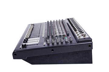 Audio sound mixer with clipping path isolated on white background. Side view
