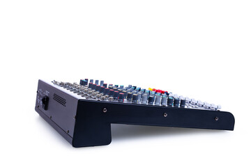 Audio sound mixer with clipping path isolated on white background. Modern audio mixer of professional. Side view