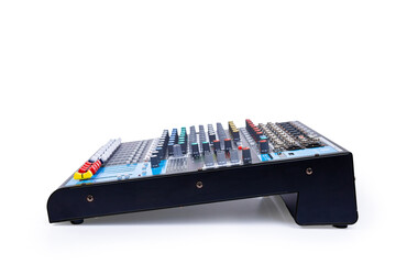 Audio sound mixer with clipping path isolated on white background. Modern audio mixer of professional. Side view