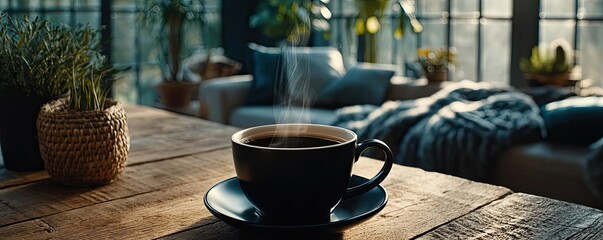 Early work coffee using early brew and mindful concept. A warm cup of coffee on a rustic wooden table in a cozy setting.