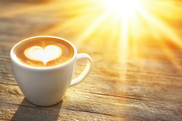 A white cup of coffee with heart-shaped latte art sits on a wooden table, bathed in warm, glowing sunlight.